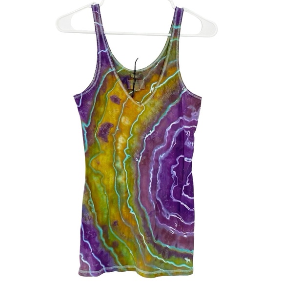 Handmade Geode Tie Dye Tank Top Womens Size Large V Neck Purple Gold Upcycled - Picture 1 of 9